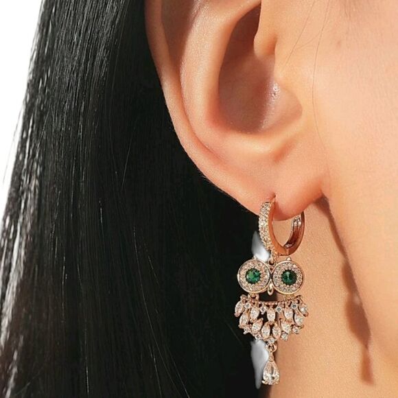 DANGLE OWL zirconia huggie hoop dangle earrings - Picture 2 of 4
